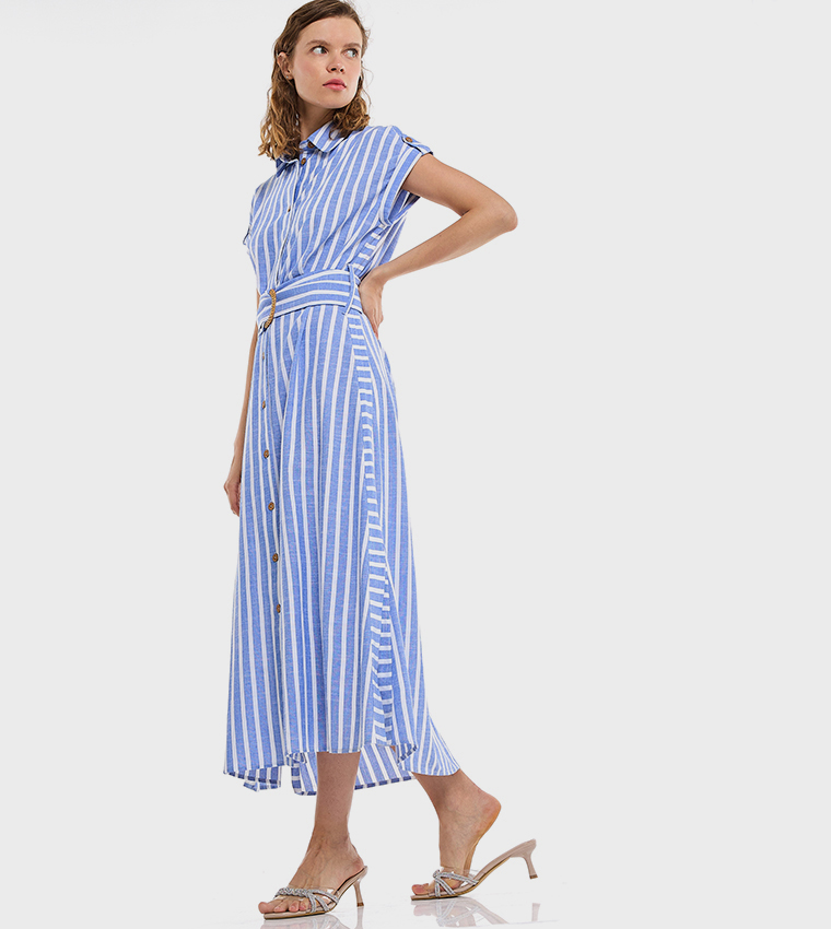 Striped Shirt Dress with Short Sleeves