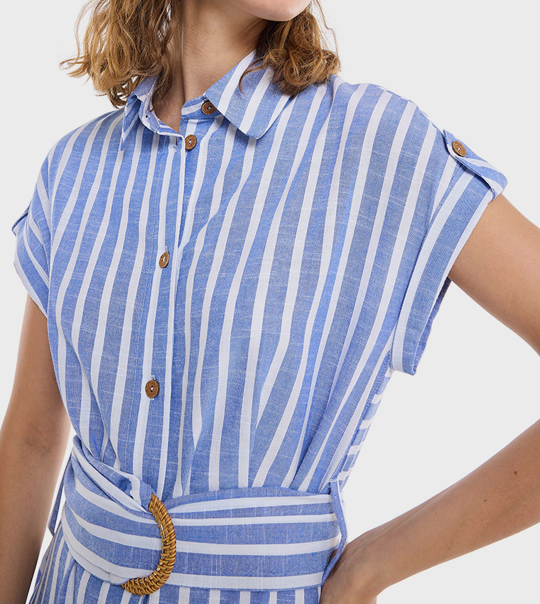 Striped Shirt Dress with Short Sleeves