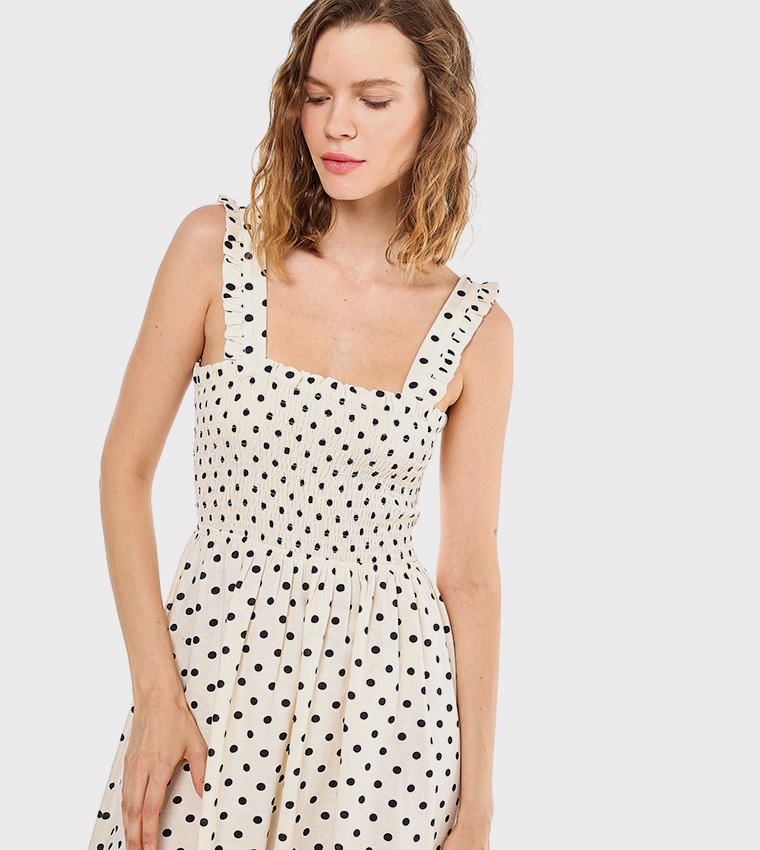 Polka Dots Strappy Midi Dress with Square Neck