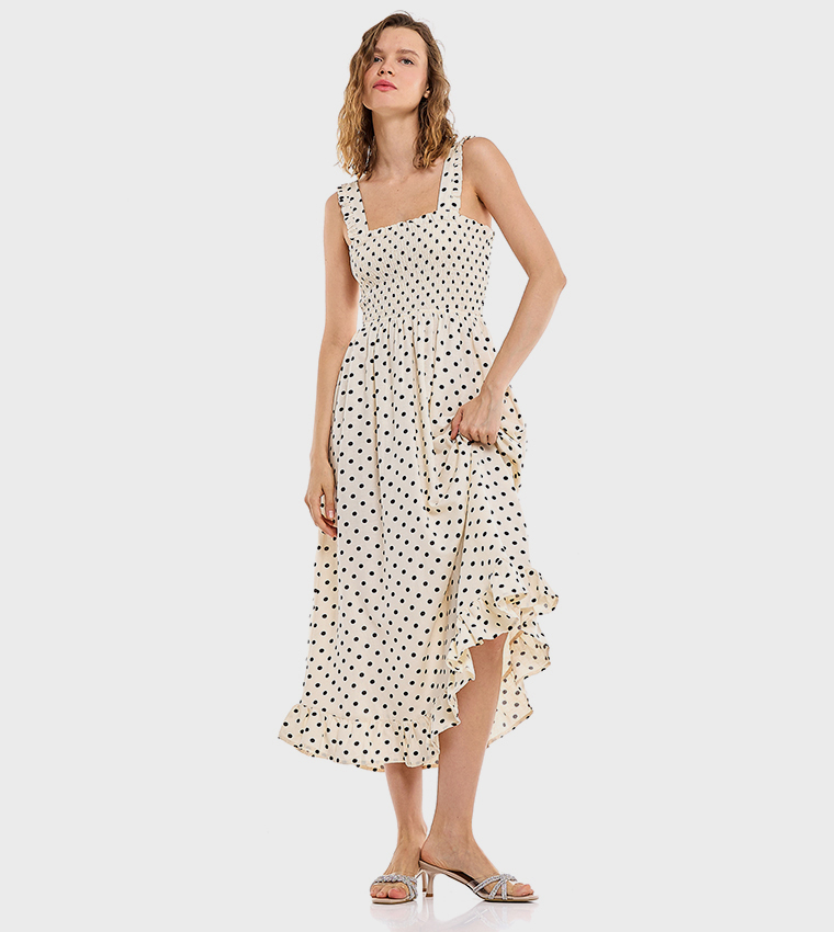 Polka Dots Strappy Midi Dress with Square Neck