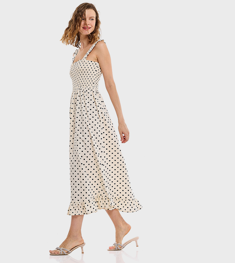 Polka Dots Strappy Midi Dress with Square Neck