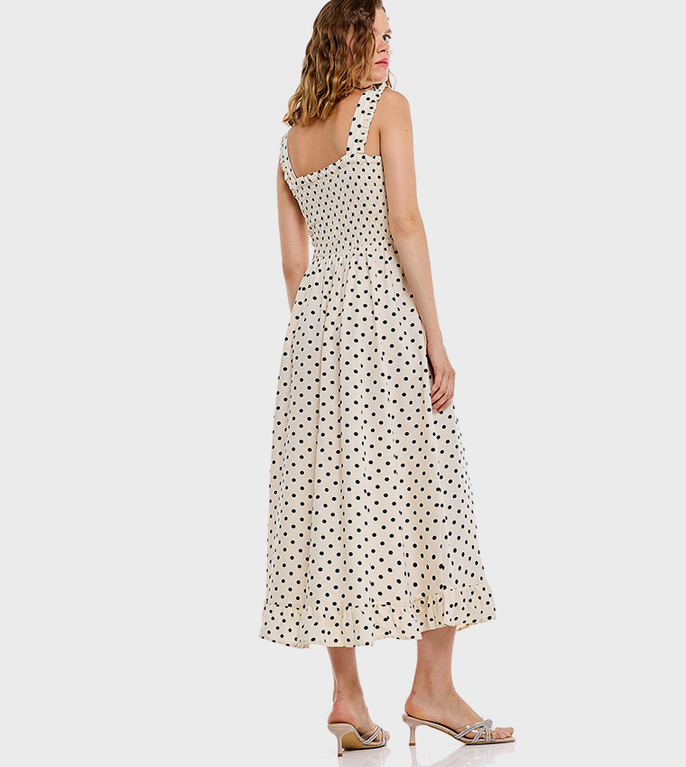 Polka Dots Strappy Midi Dress with Square Neck