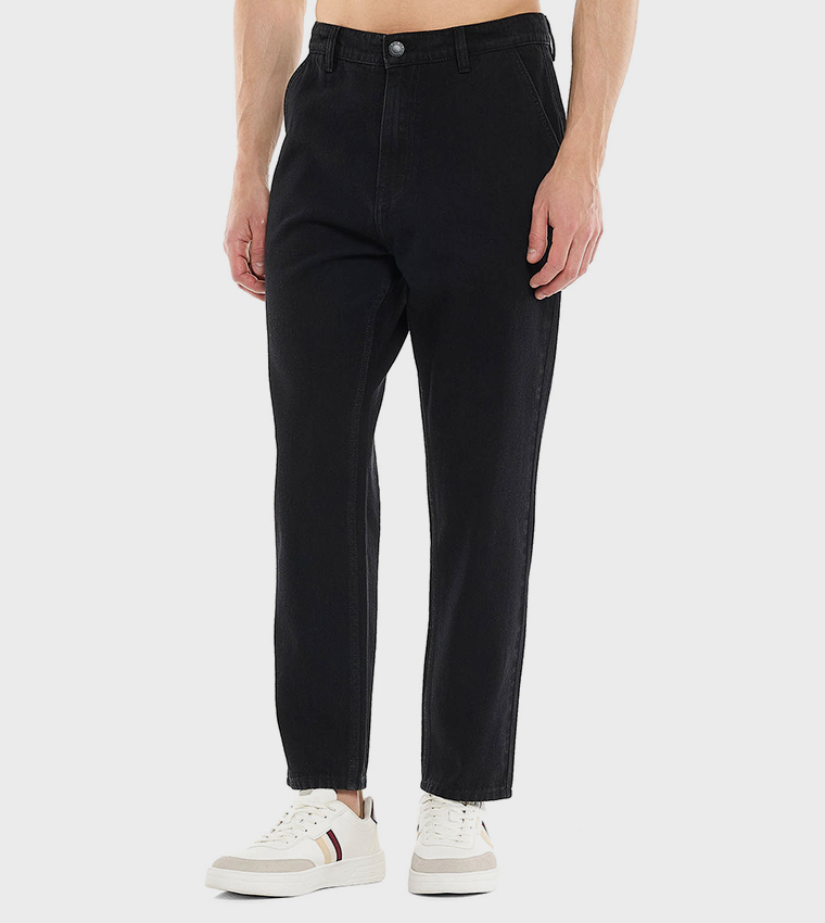 Solid Tapered Fit Jeans with Button Closure