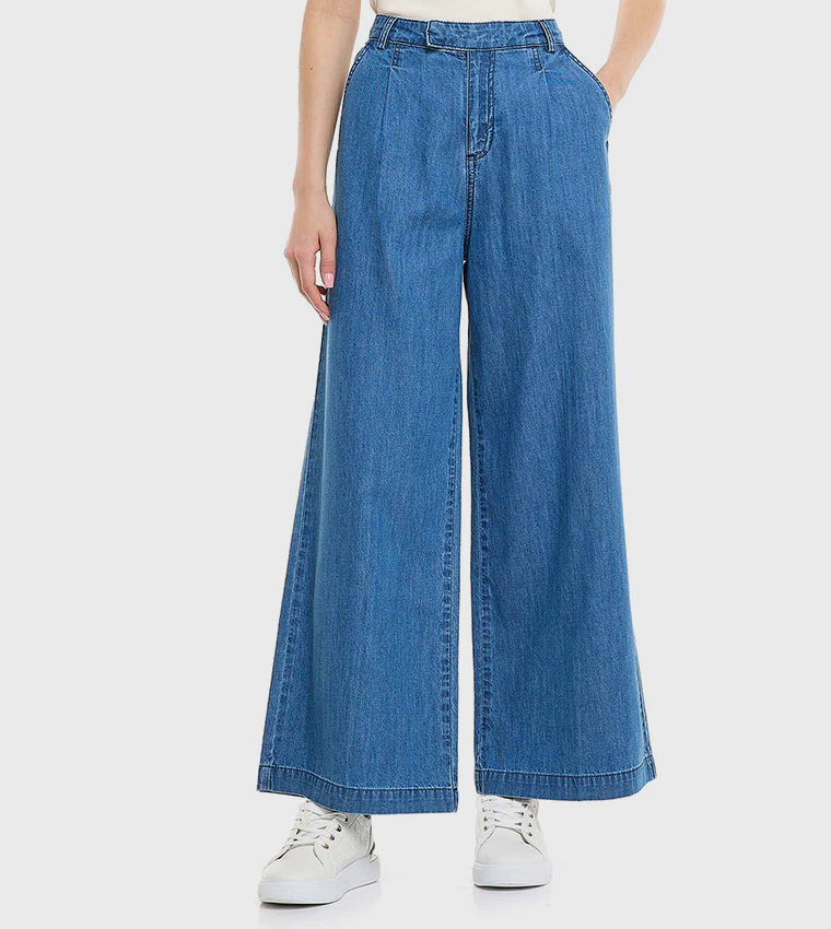 Washed Wide Leg Jeans with Button Closure
