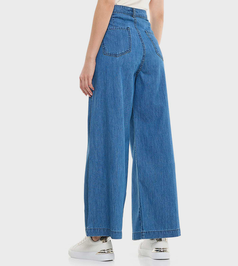 Washed Wide Leg Jeans with Button Closure