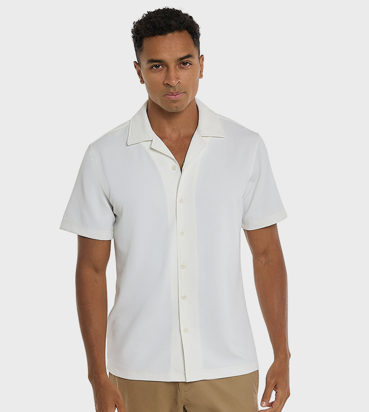 Textured Shirt with Revere Collar and Short Sleeves