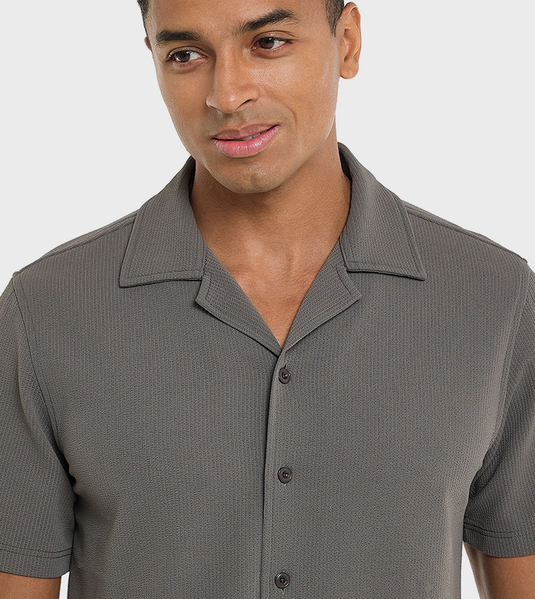 Textured Shirt with Revere Collar and Short Sleeves