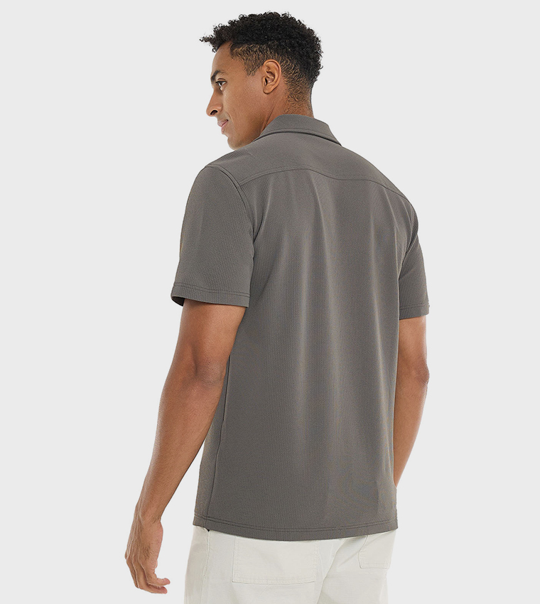 Textured Shirt with Revere Collar and Short Sleeves