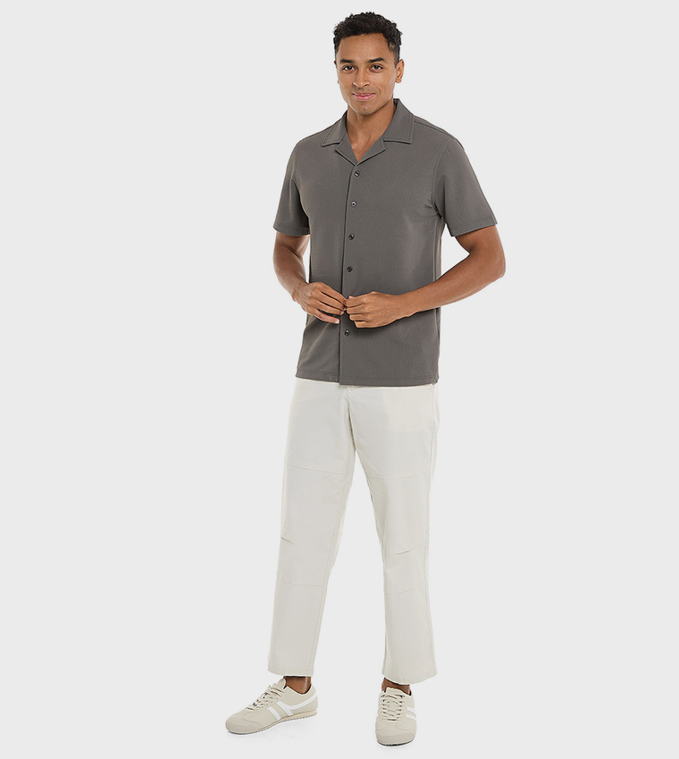 Textured Shirt with Revere Collar and Short Sleeves