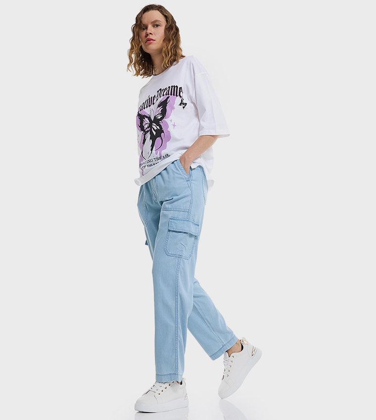 Washed Cargo Jeans with Drawstring Waist