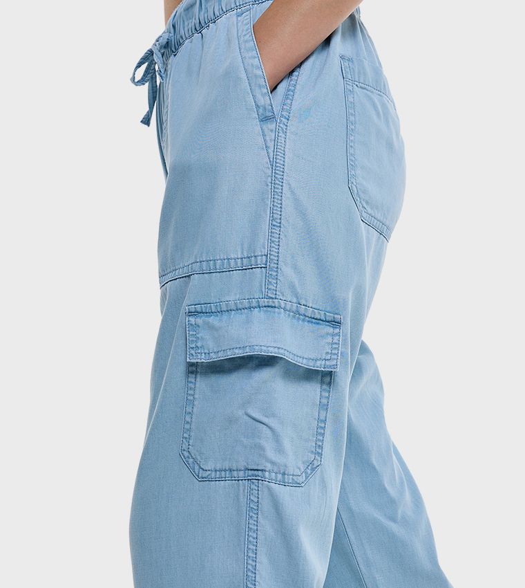 Washed Cargo Jeans with Drawstring Waist