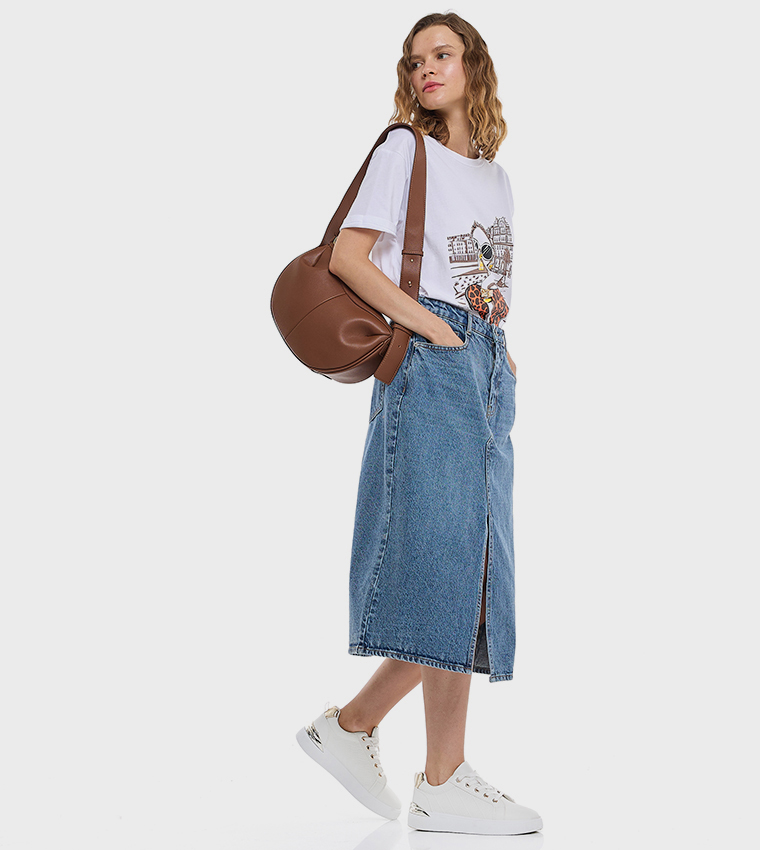 Faded Midi Denim Skirt with Button Closure