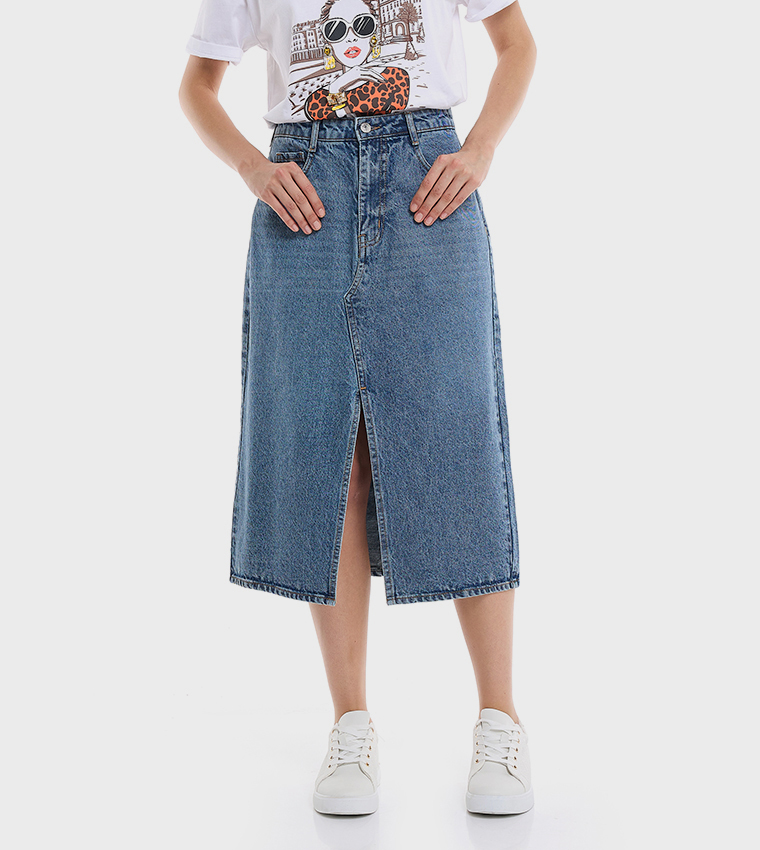 Faded Midi Denim Skirt with Button Closure