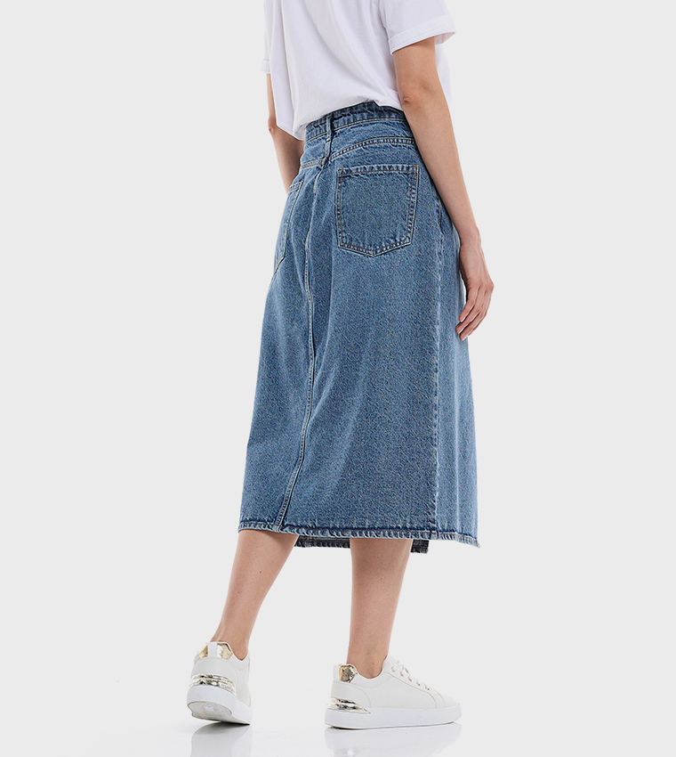 Faded Midi Denim Skirt with Button Closure