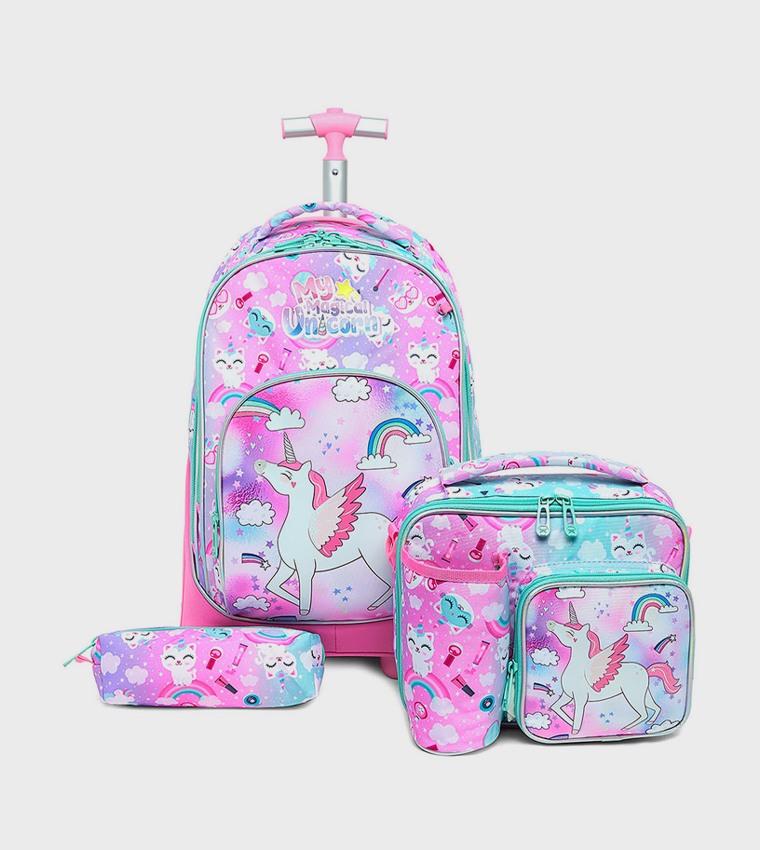 Unicorn Print Trolley Backpack with Pencil Pouch