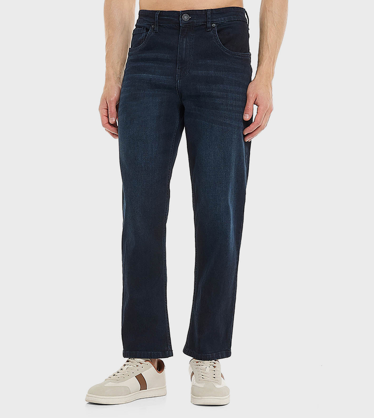 Faded Straight Fit Jeans with Button Closure