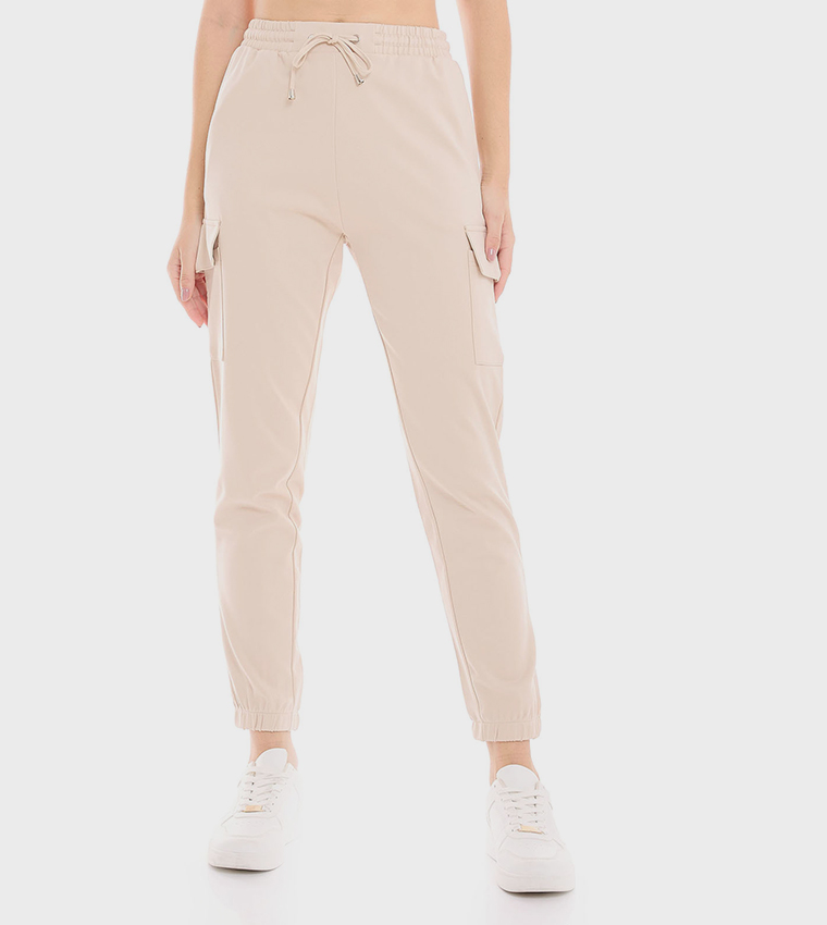 Solid Cargo Joggers with Drawstring Waist