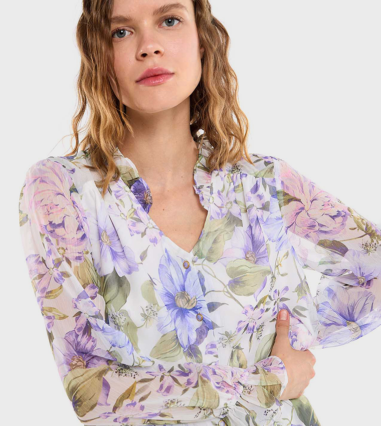 Floral Print Top with V-Neck and Long Sleeves