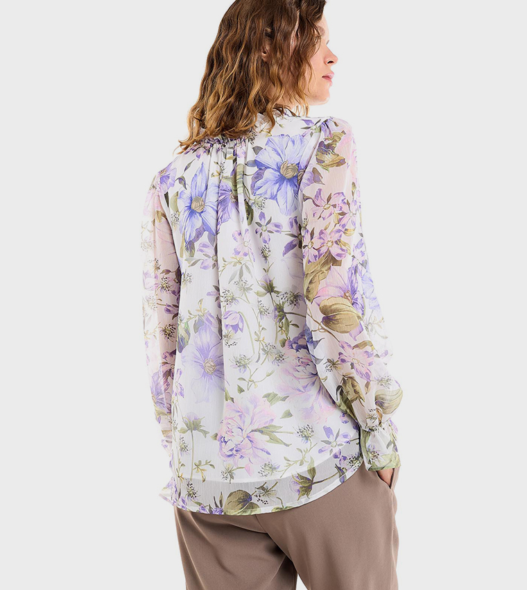 Floral Print Top with V-Neck and Long Sleeves