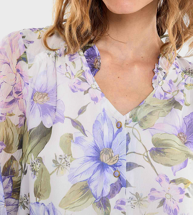 Floral Print Top with V-Neck and Long Sleeves