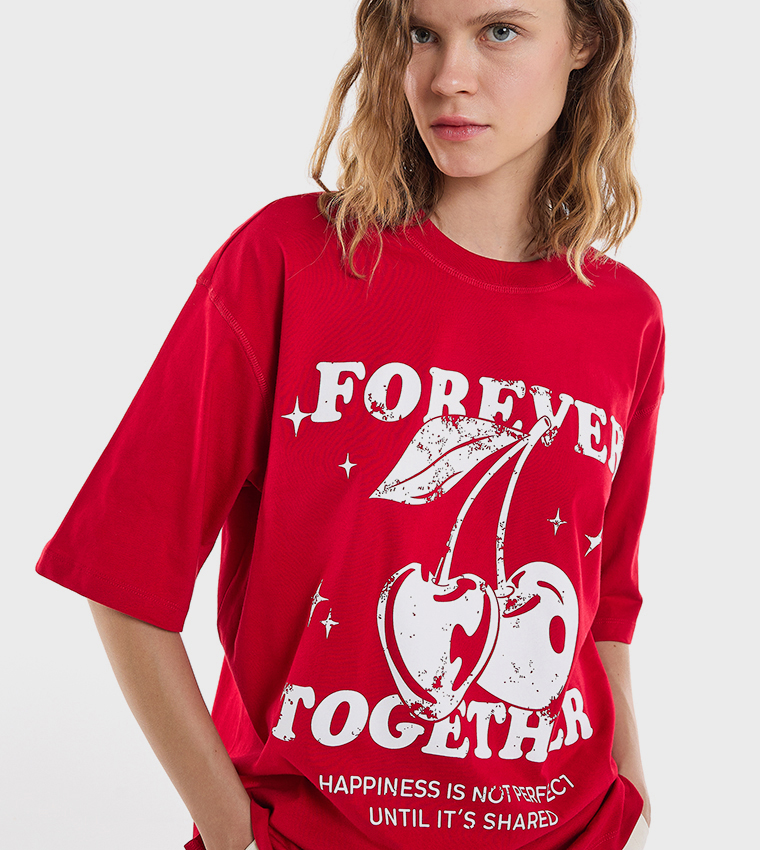 Printed Oversized T-Shirt with Crew Neck and Short Sleeves