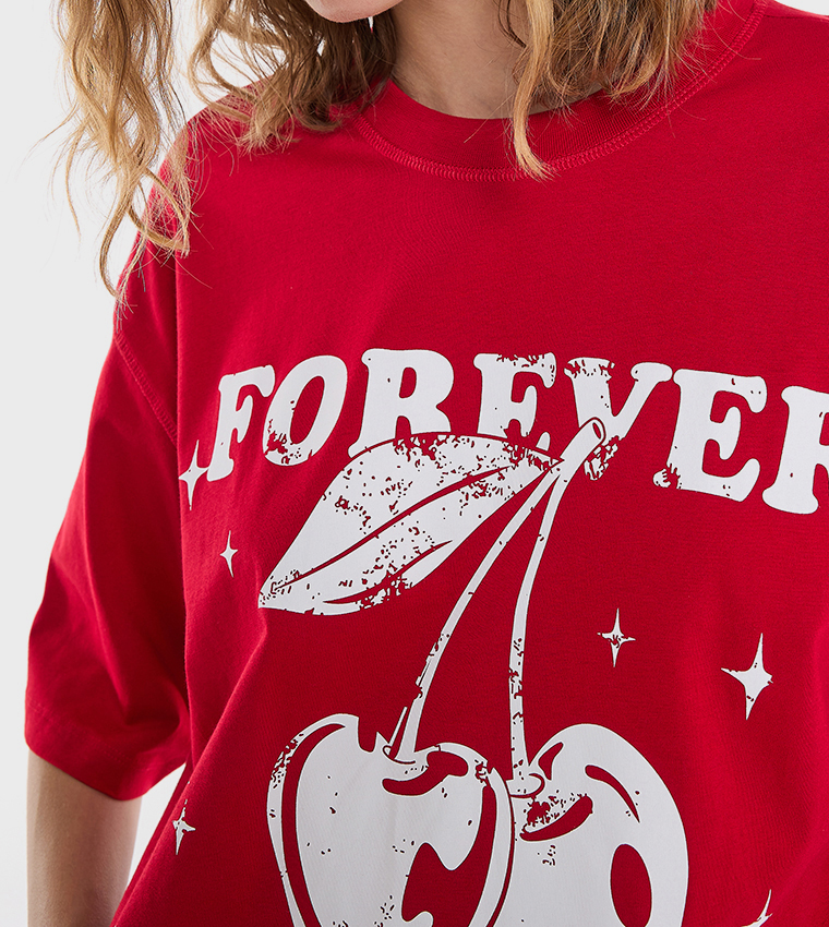 Printed Oversized T-Shirt with Crew Neck and Short Sleeves