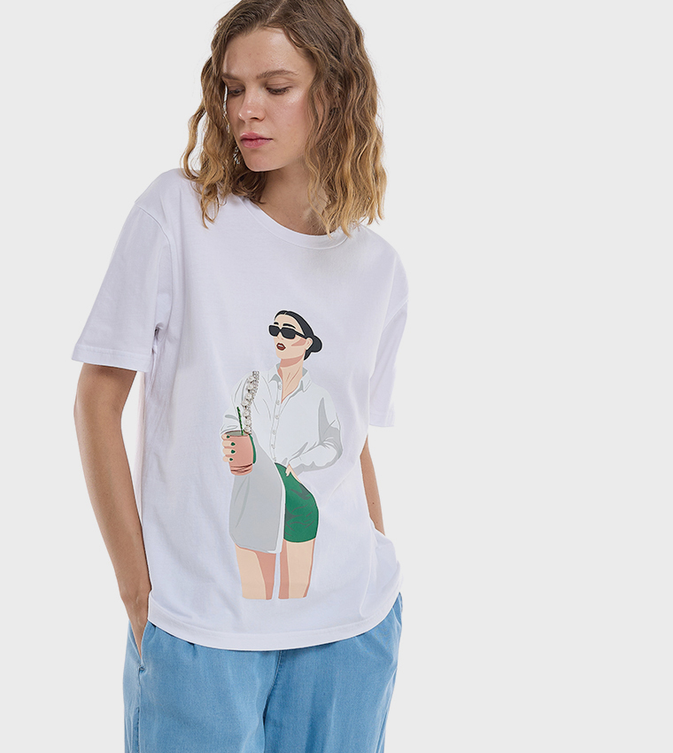 Graphic Print T-Shirt with Crew Neck and Short Sleeves