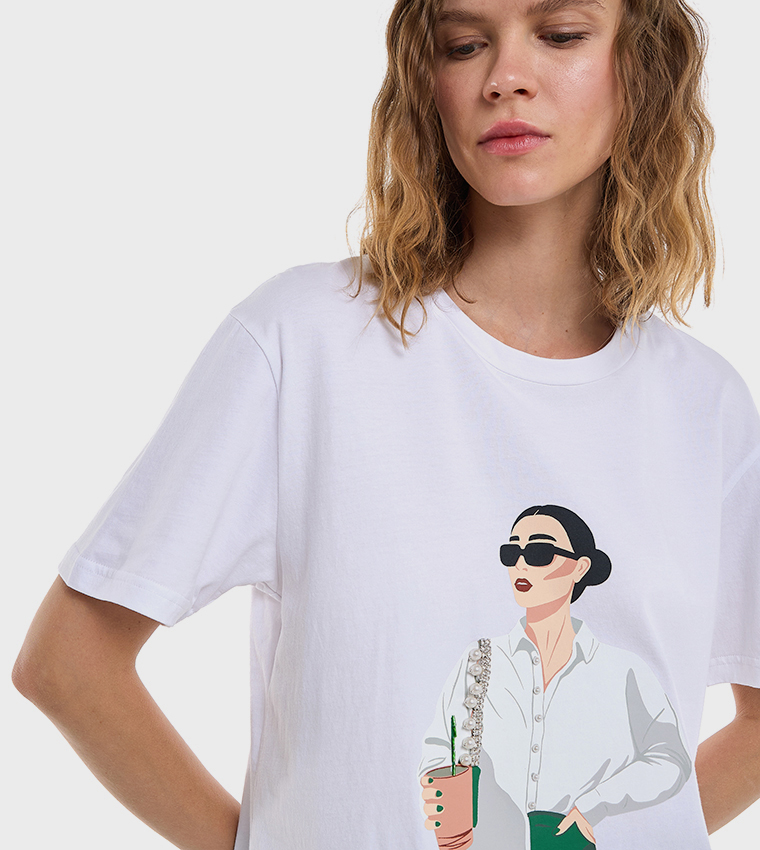 Graphic Print T-Shirt with Crew Neck and Short Sleeves