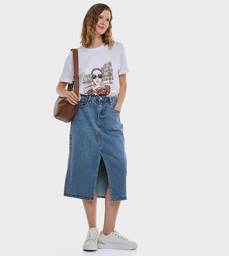 Graphic Print T-Shirt with Crew Neck and Short Sleeves