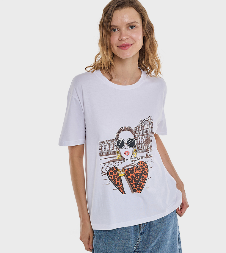 Graphic Print T-Shirt with Crew Neck and Short Sleeves