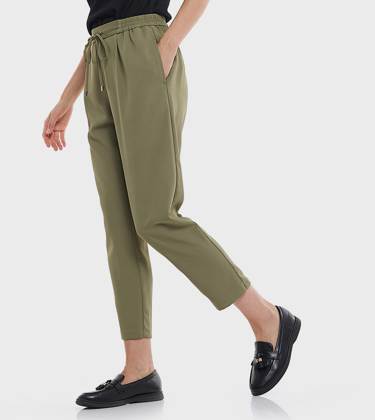 Solid Tapered Fit Pants with Drawstring Waist