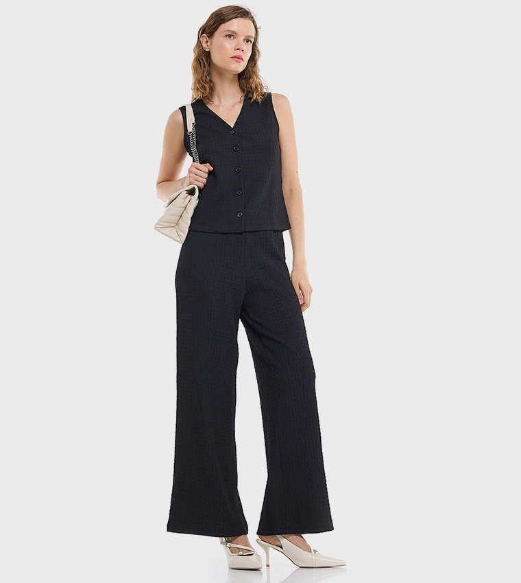 Textured Wide Leg Pants with Elastic Waist