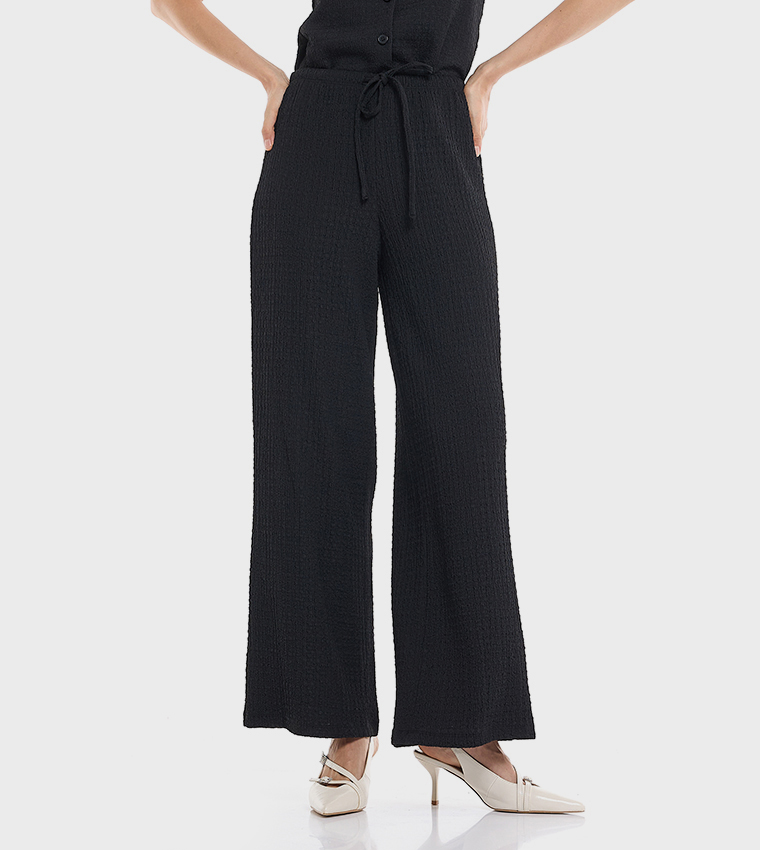 Textured Wide Leg Pants with Elastic Waist