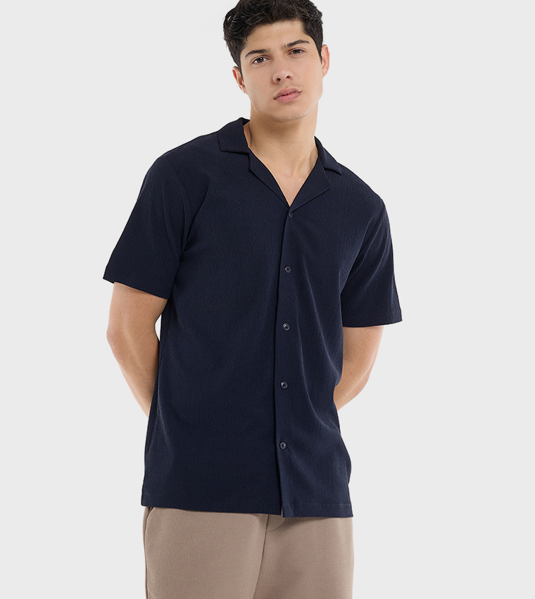 Textured Shirt with Revere Collar and Short Sleeves