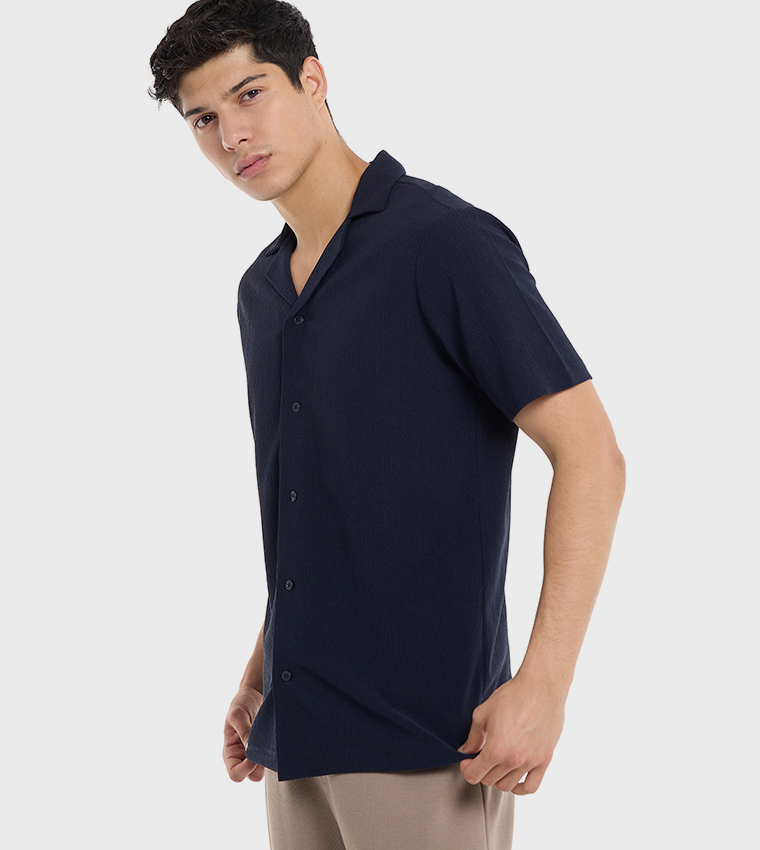 Textured Shirt with Revere Collar and Short Sleeves