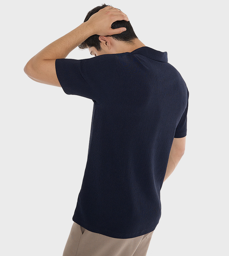 Textured Shirt with Revere Collar and Short Sleeves