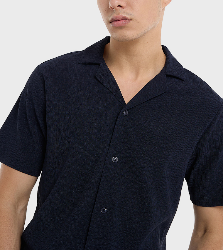 Textured Shirt with Revere Collar and Short Sleeves