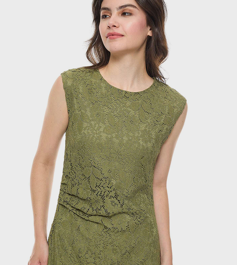Laced Sleeveless Maxi Dress with Crew Neck