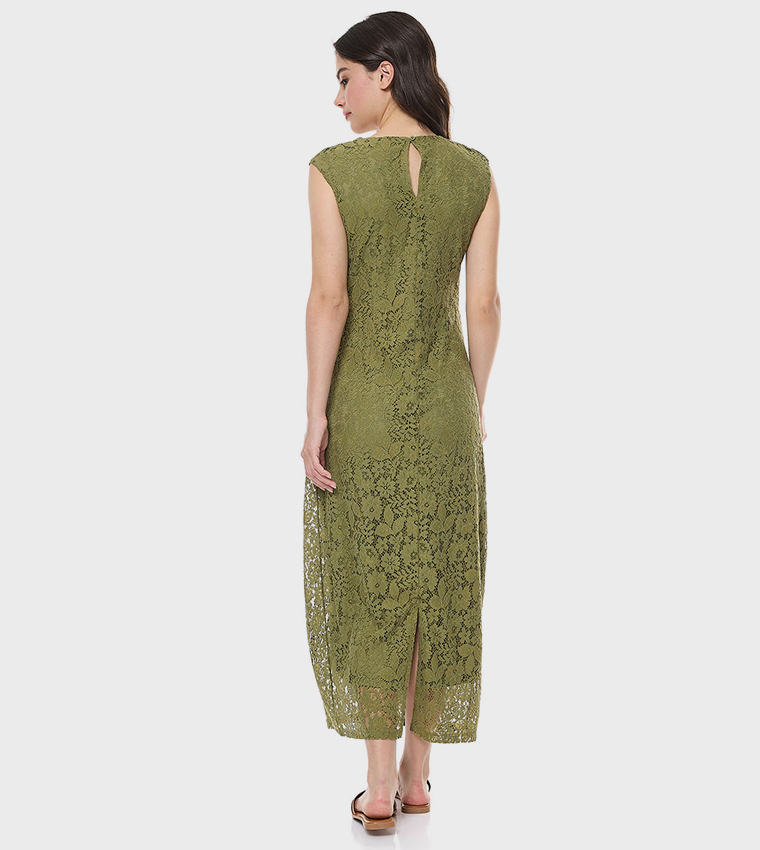 Laced Sleeveless Maxi Dress with Crew Neck