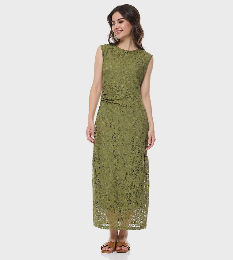 Laced Sleeveless Maxi Dress with Crew Neck