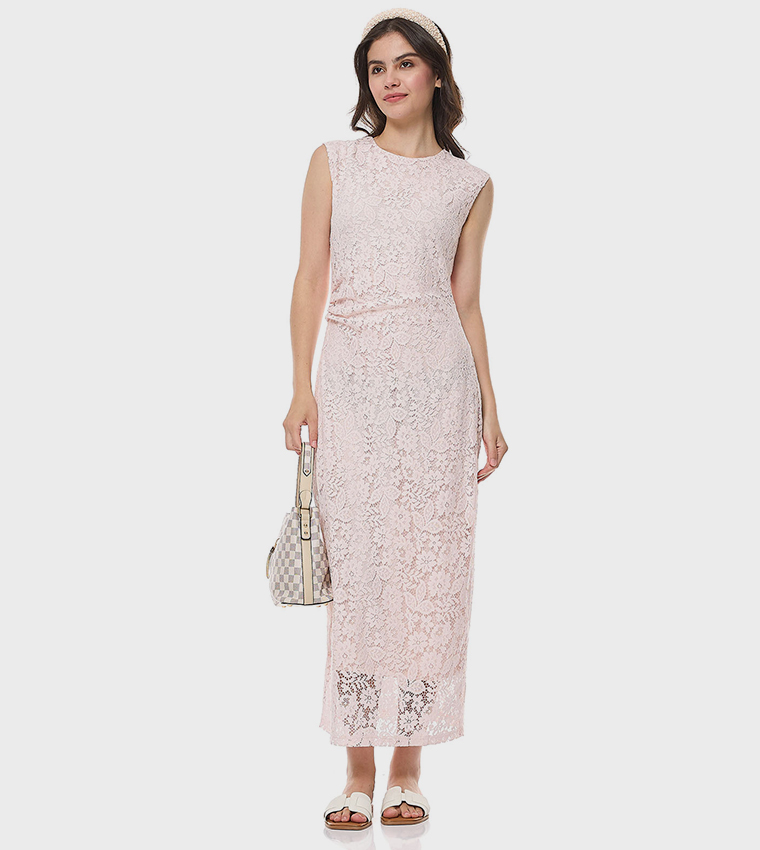Laced Sleeveless Maxi Dress with Crew Neck