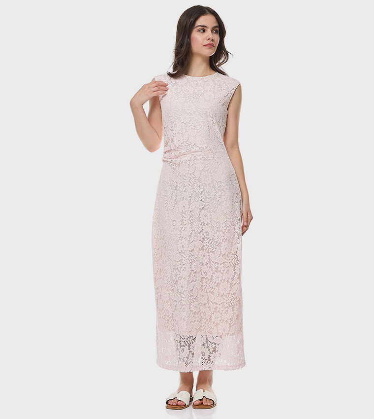 Laced Sleeveless Maxi Dress with Crew Neck
