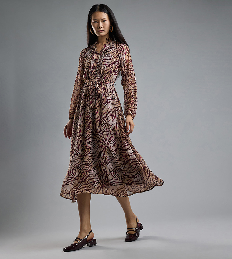 Patterned Midi Dress with Stand Collar and Long Sleeves