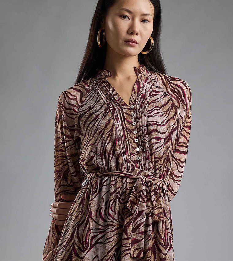 Patterned Midi Dress with Stand Collar and Long Sleeves
