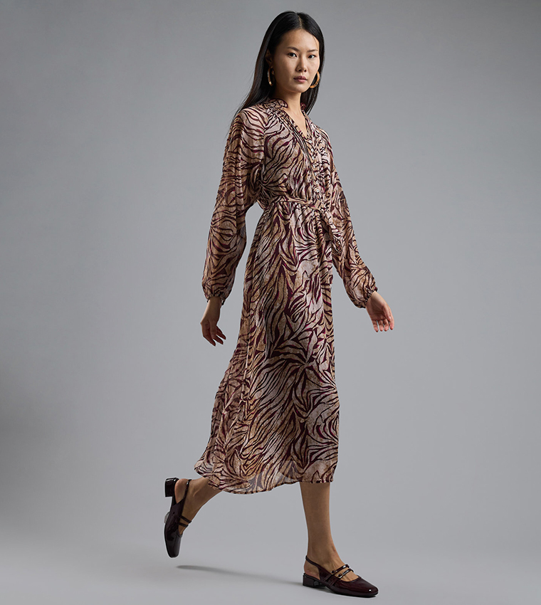 Patterned Midi Dress with Stand Collar and Long Sleeves