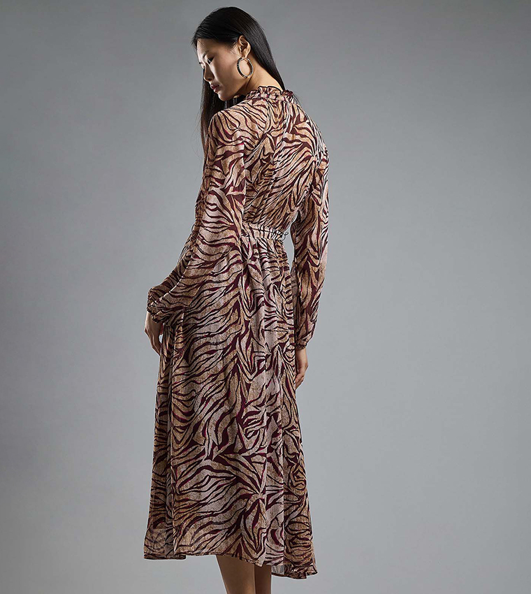 Patterned Midi Dress with Stand Collar and Long Sleeves