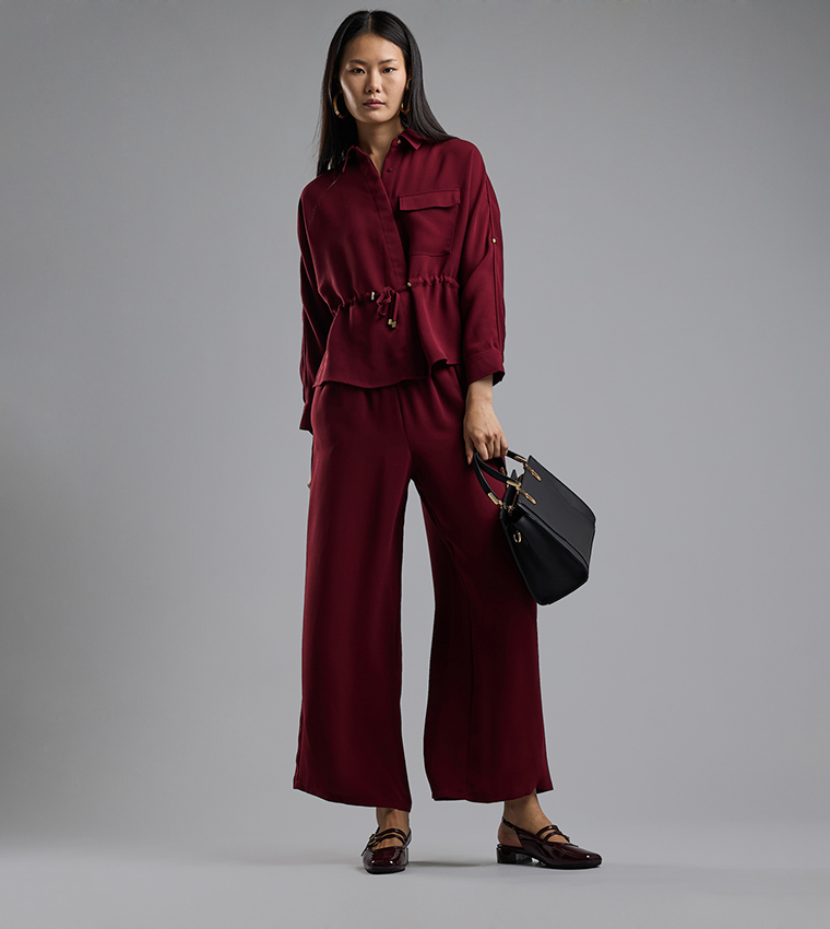 Solid Drawstring Shirt with Classic Collar and Long Sleeves