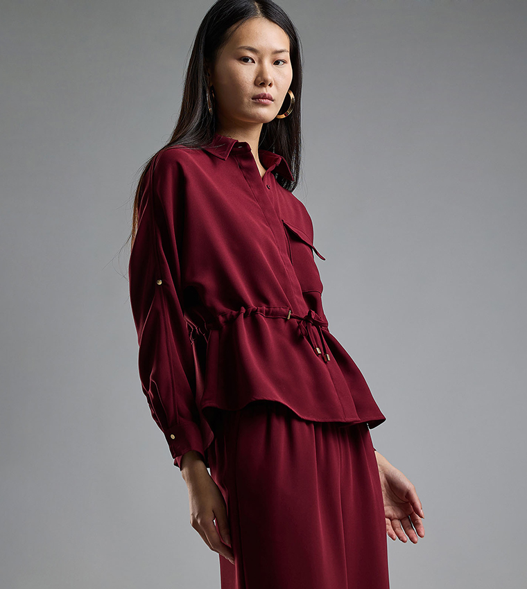 Solid Drawstring Shirt with Classic Collar and Long Sleeves
