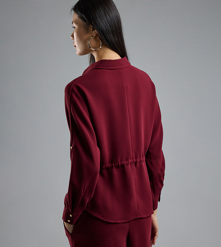 Solid Drawstring Shirt with Classic Collar and Long Sleeves