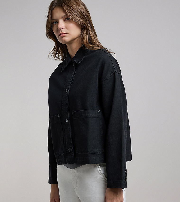 Solid Denim Jacket with Button Closure